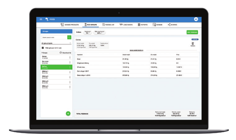 Snímek obrazovky cloudového systému pro management farmy. Modrý navigační panel v horní části obsahuje karty pro správu produktů, krmných seznamů, r