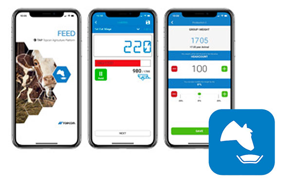 Grafika tří chytrých telefonů zobrazujících různé obrazovky aplikace Topcon FEED.